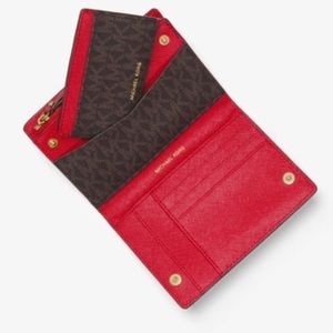 Michael Kors Jet Set Medium Saffiano Slim Wallet Red/Brown w/removable card case